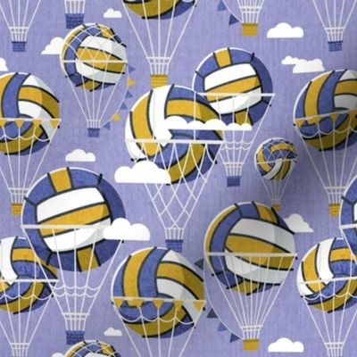 Small scale // One team one dream // denim blue background yellow and blue volley dreamy balls hot air balloons on sky with clouds wallpaper nursery boys room