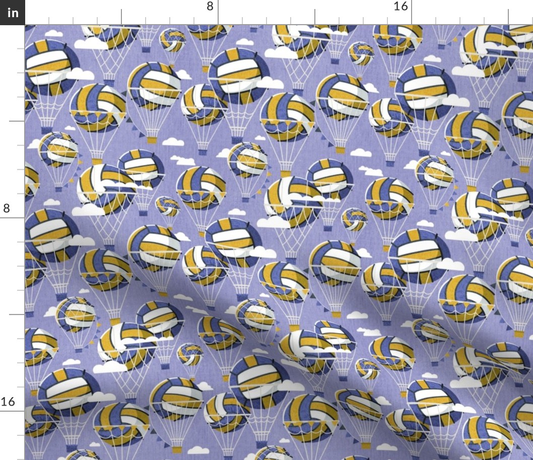 Small scale // One team one dream // denim blue background yellow and blue volley dreamy balls hot air balloons on sky with clouds wallpaper nursery boys room