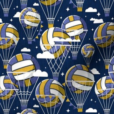 Small scale // One team one dream // midnight blue background yellow and blue volley dreamy balls hot air balloons on sky with clouds and stars wallpaper nursery boys room