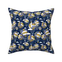 Small scale // One team one dream // midnight blue background yellow and blue volley dreamy balls hot air balloons on sky with clouds and stars wallpaper nursery boys room