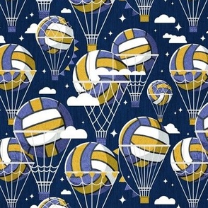 Small scale // One team one dream // midnight blue background yellow and blue volley dreamy balls hot air balloons on sky with clouds and stars wallpaper nursery boys room