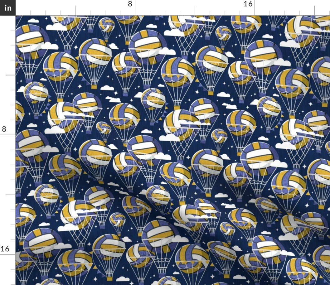 Small scale // One team one dream // midnight blue background yellow and blue volley dreamy balls hot air balloons on sky with clouds and stars wallpaper nursery boys room