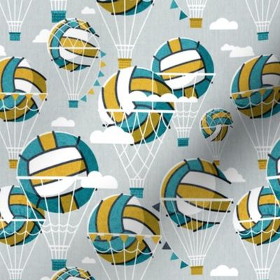 Small scale // One team one dream // bunny grey background yellow and teal volley dreamy balls hot air balloons on sky with clouds wallpaper nursery boys room