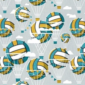Small scale // One team one dream // bunny grey background yellow and teal volley dreamy balls hot air balloons on sky with clouds wallpaper nursery boys room