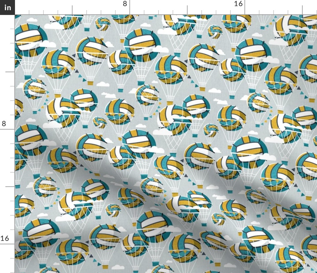 Small scale // One team one dream // bunny grey background yellow and teal volley dreamy balls hot air balloons on sky with clouds wallpaper nursery boys room