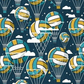 Small scale // One team one dream // nile blue background yellow and teal volley dreamy balls hot air balloons on sky with clouds  and stars wallpaper nursery boys room