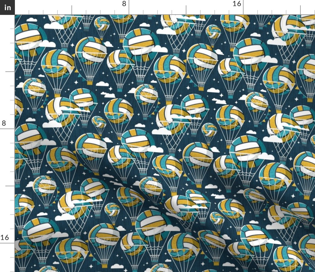 Small scale // One team one dream // nile blue background yellow and teal volley dreamy balls hot air balloons on sky with clouds  and stars wallpaper nursery boys room