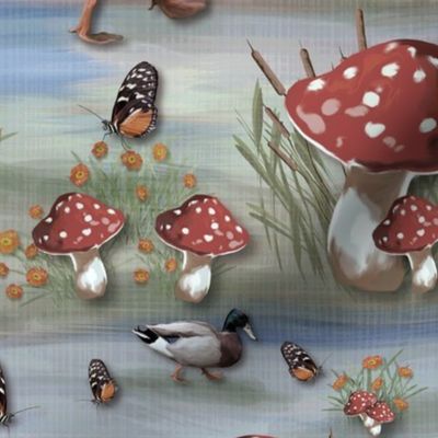 Wild Mallard Ducks, Magical Forest Floor, Spotted Mushroom Toadstools, River Bed Blue Serenity, Creative Wildlife Exploration, Fun Butterfly Meadow, Magical Fairytale Grassy Green Lake Life Wonderland, LARGE SCALE