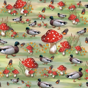 Cheerful Butterfly Garden, Whimsical Red White Spotted Toadstools, Magical Ducks Lake Life Wonderland, Cozy Bullrushes and Cattails, Imaginative Farmyard Forest Adventure, Colorful Bird Watching on Shades of green and Yellow, LARGE SCALE
