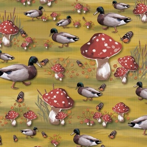 Cute Ducks Magical Storybook, Imaginative Playful Animal Friends, Red White Spotty Capped Mushrooms, Cute Animal Duckling Illustration, Whimsical Animal Family Fun, Playful Duckling Pond Adventure, MEDIUM SCALE