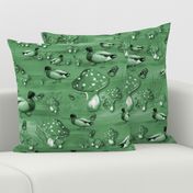 Lakehouse Style Bird Mural, Farmyard Ducks as Feathered Friends, Red White Spotted Mushroom Shrooms Fungi, Playful Flock of Birds, Mallard Duck Theme, Cozy Cabin Waterfowl on Green Monochrome, MEDIUM