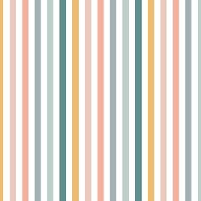 Spring rainbow stripe fabric with playful blue, yellow, and pink