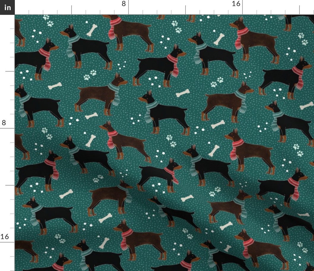 Winter Dobermans in Scarves Pattern, Dark Green
