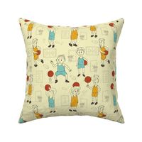 Cartoon basketball players kids with vintage color- yellow, blue, orange, pastel background-cute and active-courts, whistles