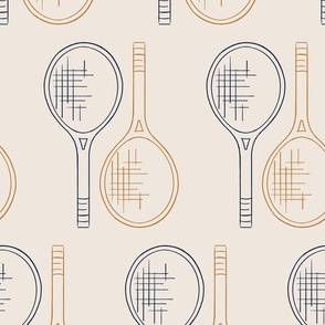 Be my double: hand drawn vintage tennis rackets, in navy blue and mustard yellow, 12in