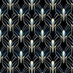 Geometric Floral Art Deco Pattern in Teal and Gold 