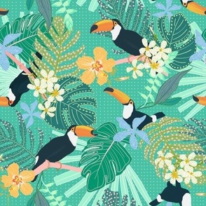 Sweet Tropical Toucans Foliage Green