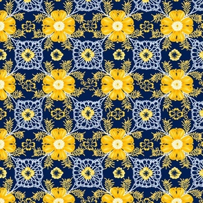 Yellow Floral Lace Pattern on Navy Blue 