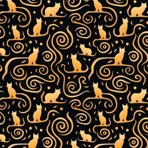 Whimsical Cats and Swirls Pattern in Orange and Black 
