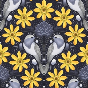 Lesser celandine and Robin floral pattern 