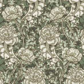 William Morris Inspired - Green Peonies and Florals - BIG SIZE 