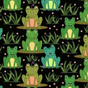 Cute Happy Whimsical Frogs in Black (Small)