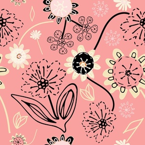 Dancing Flowers - Pink, Black And Cream.