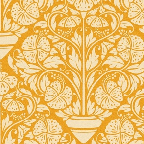 (J) hibiscus floral block print-ornate-old gold yellow-jumbo scale