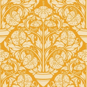 (L) hibiscus floral block print-ornate-old gold yellow-large scale