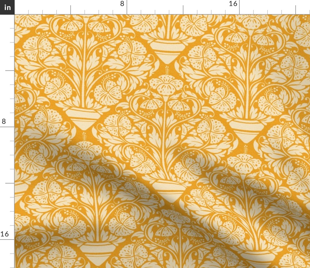 (M) hibiscus floral block print-ornate-old gold yellow-medium scale