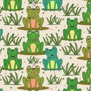 Cute Happy Whimsical Frogs in Beige (small)