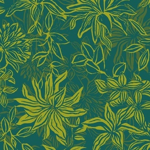 Linocut Flowers teal green lime