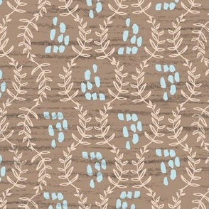Small - Vines and Dots, Warm Beige Vines with Light Blue Dots on Taupe Background Minimal Neutral Style