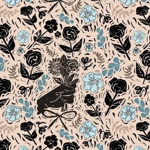 Block Print Flowers and Hand Holding Bouquet Black and blue on warm rose pink beige - Large