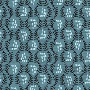 Small - Vines and Dots, Black Vines with Light Blue Dots on Dark Teal Background Minimal Neutral Style