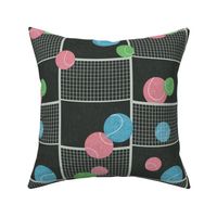 (L) Tennis Balls & Court Net Check | Green Blue Pink on Black | Large Scale