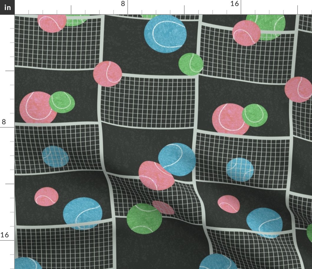 (L) Tennis Balls & Court Net Check | Green Blue Pink on Black | Large Scale