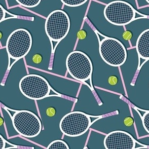 Summer tennis court and balls - retro fifties style rackets sports theme lilac lime pink on marine blue