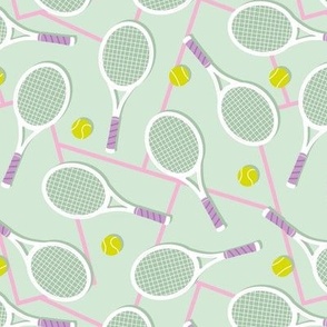 Summer tennis court and balls - retro fifties style rackets sports theme lilac lime pink on mint green