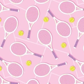 Summer tennis court and balls - retro fifties style rackets sports theme lilac yellow pink on pink