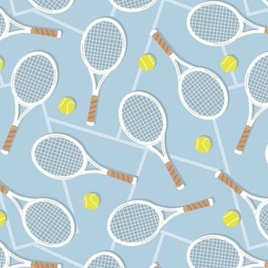 Summer tennis court and balls - retro fifties style rackets sports theme caramel brown lime on blue boys palette