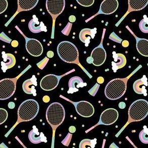 Nineties pastel tennis design - tennis ball rackets sprinkles and rainbows girls palette on black  