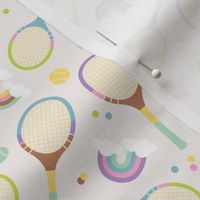 Nineties pastel tennis design - tennis ball rackets sprinkles and rainbows girls palette on ivory  