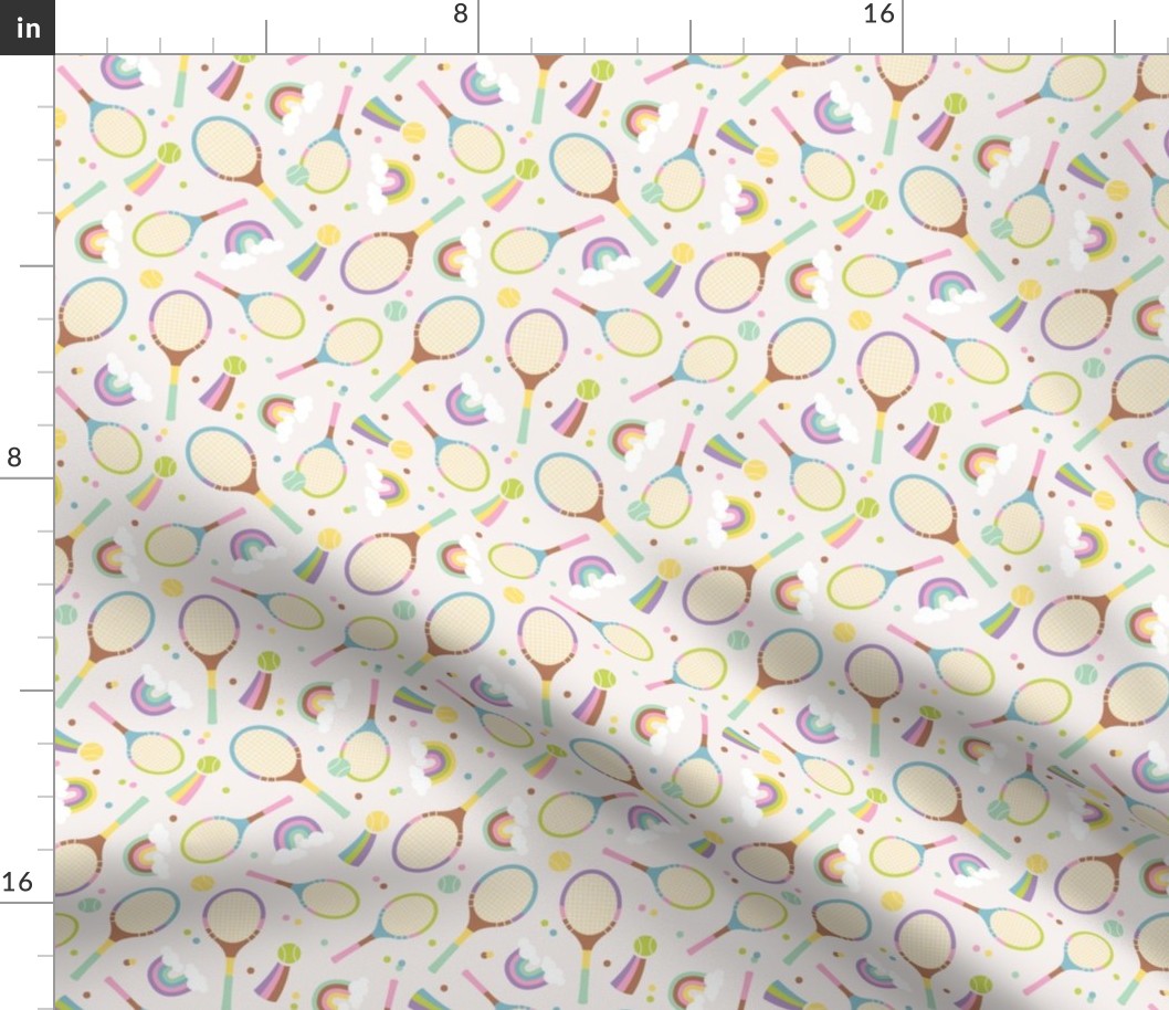 Nineties pastel tennis design - tennis ball rackets sprinkles and rainbows girls palette on ivory  