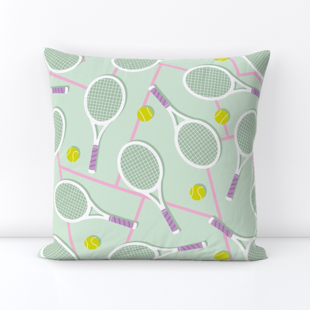 Summer tennis court and balls - retro fifties style rackets sports theme pink lilac on mint LARGE