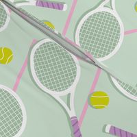 Summer tennis court and balls - retro fifties style rackets sports theme pink lilac on mint LARGE