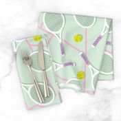 Summer tennis court and balls - retro fifties style rackets sports theme pink lilac on mint LARGE