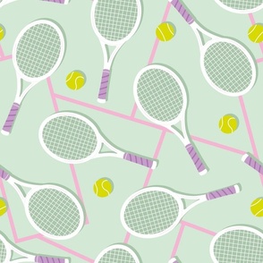 Summer tennis court and balls - retro fifties style rackets sports theme pink lilac on mint LARGE