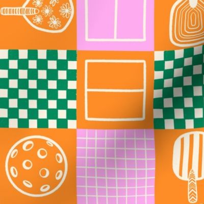 What a Pickleball! A bold pickleball checkers design with pickleball paddles, balls, courts and nets in emerald green, bubblegum pink and tangerine orange