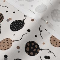 Happy Birthday balloons and confetti  retro textured party design for kids caramel beige black on ivory 